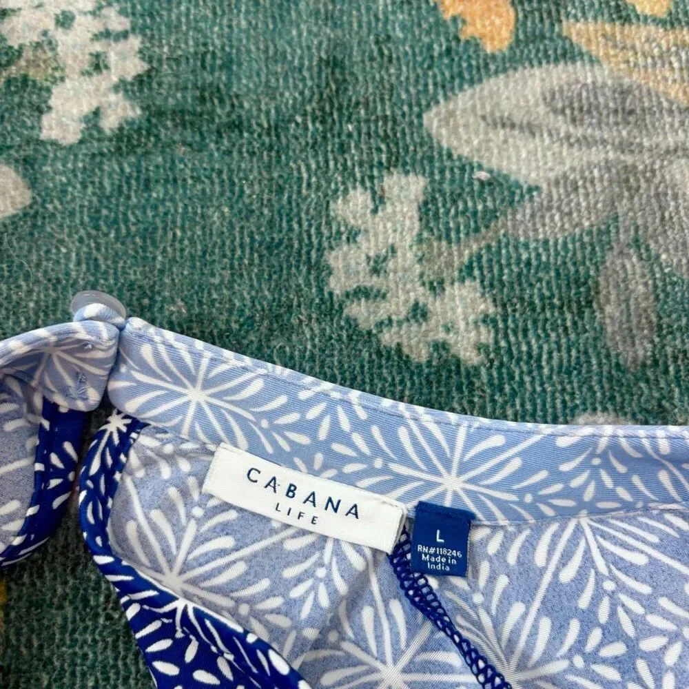 Cabana Life West Indies Fringe Romper Beach Large Blue White UPF 50+ Tassel Tie
